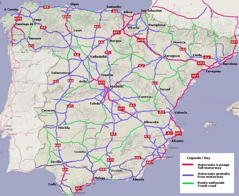 地图的西班牙高速公路